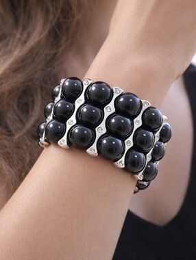 Silver Multi-Row Black Beaded Bracelet – Sparkling Crystal Statement Jewelry